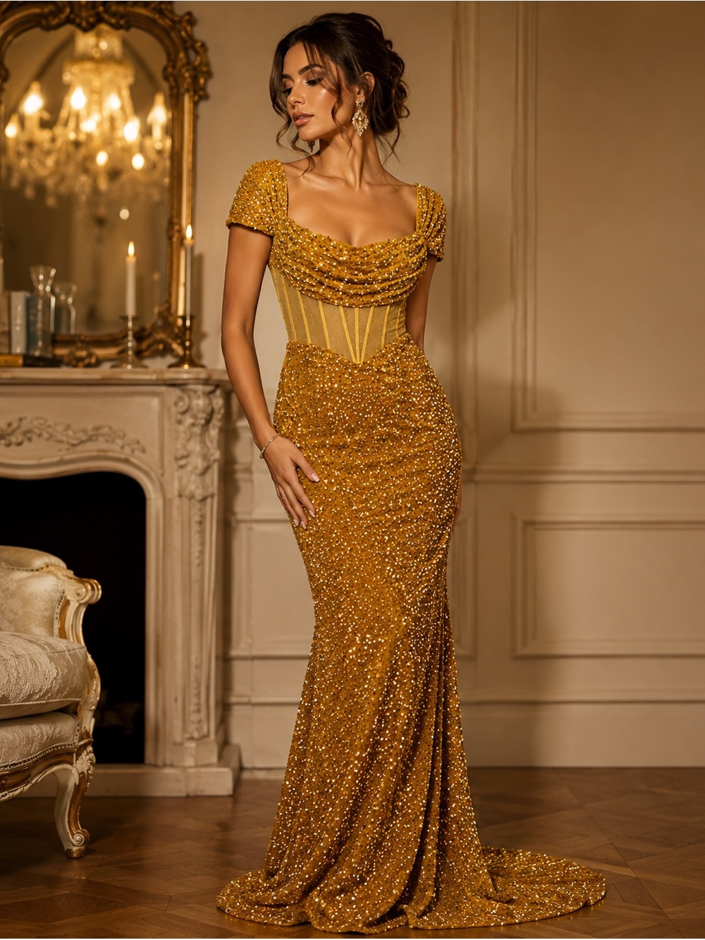 Sequin Corset Back Gold Mermaid Gown Size 18 NWOT Formal Evening Dress - Picture 4 of 9